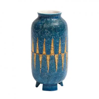 Aldo Londi Bitossi Vase Ceramic Blue Gold Geometric Signed