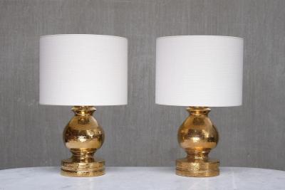 Aldo Londi Large Pair of Aldo Londi Gold Glazed Ceramic Table Lamps Luxus Vittsj 1970s
