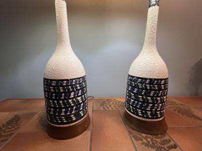 Aldo Londi MID CENTURY ITALIAN ELONGATED BOTTLE CERAMIC LAMPS WITH ORIGINAL SHADES