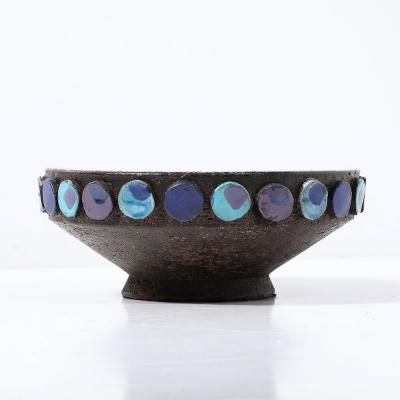 Aldo Londi Mid Century Burnt Umber Multicolor Blue Ceramic Bowl by Aldo Londi for Vistosi