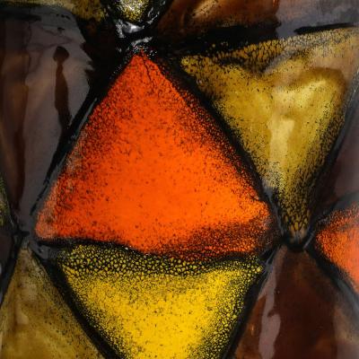 Aldo Londi Mid Century Ceramic Vase in Burnt Umber w Yellow Orange Details by Aldo Londi