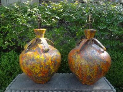 Aldo Londi Pair of Hollywood Regency Glazed Ceramic Lamps