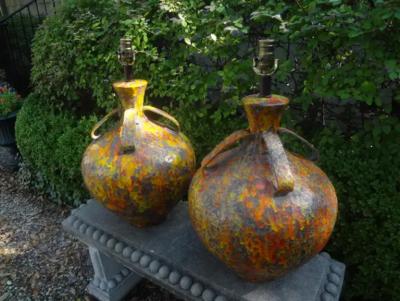 Aldo Londi Pair of Hollywood Regency Glazed Ceramic Lamps