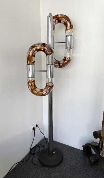 Aldo Nason Floor Lamp Metal Chrome Murano Glass by Aldo Nason for Mazzega Italy 1970s