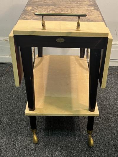 Aldo Tura ALDO TURA MID CENTURY YELLOW BROWN GOATSKIN DOUBLE DRAWER BAR CART
