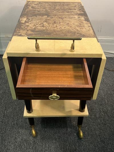 Aldo Tura ALDO TURA MID CENTURY YELLOW BROWN GOATSKIN DOUBLE DRAWER BAR CART