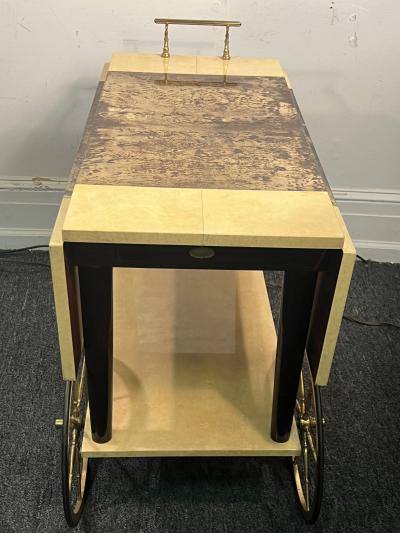 Aldo Tura ALDO TURA MID CENTURY YELLOW BROWN GOATSKIN DOUBLE DRAWER BAR CART