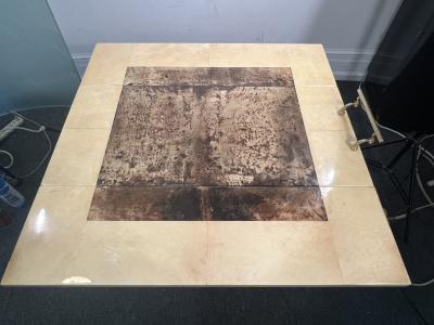 Aldo Tura ALDO TURA MID CENTURY YELLOW BROWN GOATSKIN DOUBLE DRAWER BAR CART