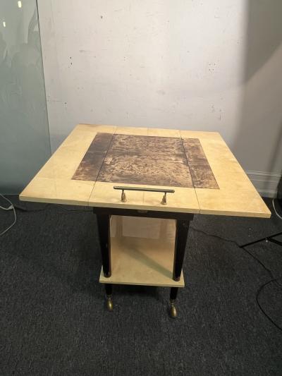 Aldo Tura ALDO TURA MID CENTURY YELLOW BROWN GOATSKIN DOUBLE DRAWER BAR CART