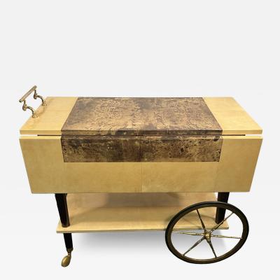 Aldo Tura ALDO TURA MID CENTURY YELLOW BROWN GOATSKIN DOUBLE DRAWER BAR CART