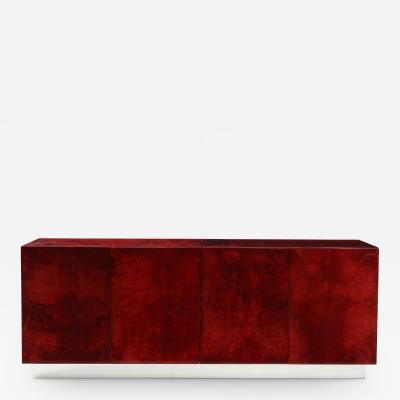 Aldo Tura Aldo Tura Blood Red Goatskin Cabinet Chrome Plinth Base Italy 1960