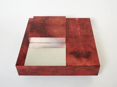 Aldo Tura Aldo Tura red goatskin parchment steel bar coffee table 1960