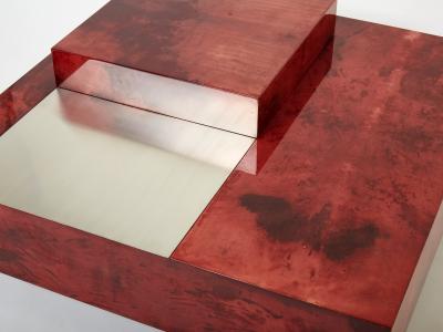 Aldo Tura Aldo Tura red goatskin parchment steel bar coffee table 1960