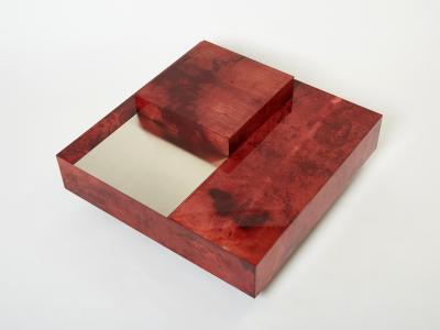 Aldo Tura Aldo Tura red goatskin parchment steel bar coffee table 1960
