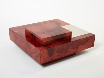 Aldo Tura Aldo Tura red goatskin parchment steel bar coffee table 1960