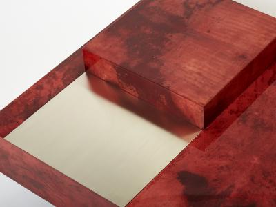 Aldo Tura Aldo Tura red goatskin parchment steel bar coffee table 1960