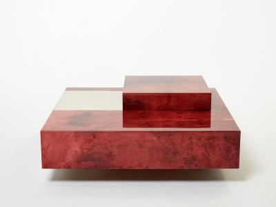 Aldo Tura Aldo Tura red goatskin parchment steel bar coffee table 1960