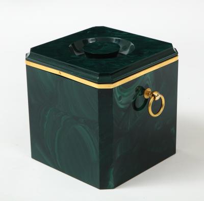Aldo Tura Faux Malachite Ice Bucket with Brass Rings by Aldo Tura