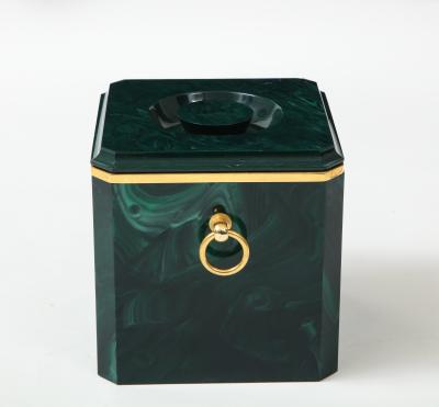 Aldo Tura Faux Malachite Ice Bucket with Brass Rings by Aldo Tura