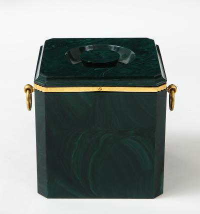 Aldo Tura Faux Malachite Ice Bucket with Brass Rings by Aldo Tura
