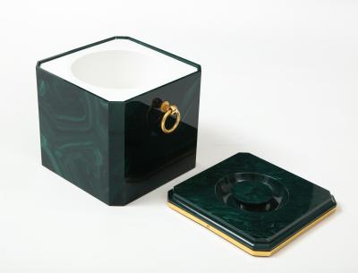 Aldo Tura Faux Malachite Ice Bucket with Brass Rings by Aldo Tura