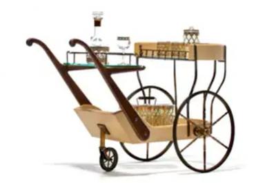Aldo Tura Italian Mid Century Modern Ivory Cream Goatskin Bar Cart by Aldo Tura c 1965