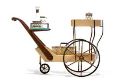 Aldo Tura Italian Mid Century Modern Ivory Cream Goatskin Bar Cart by Aldo Tura c 1965