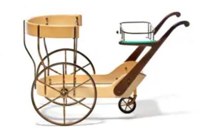 Aldo Tura Italian Mid Century Modern Ivory Cream Goatskin Bar Cart by Aldo Tura c 1965