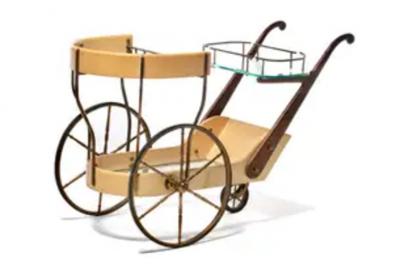 Aldo Tura Italian Mid Century Modern Ivory Cream Goatskin Bar Cart by Aldo Tura c 1965