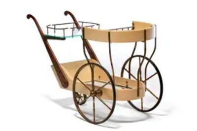 Aldo Tura Italian Mid Century Modern Ivory Cream Goatskin Bar Cart by Aldo Tura c 1965