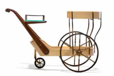 Aldo Tura Italian Mid Century Modern Ivory Cream Goatskin Bar Cart by Aldo Tura c 1965