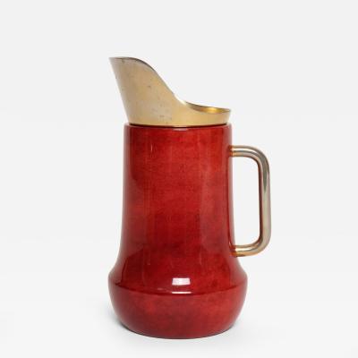 Aldo Tura Italian Modernist Pitcher in Brass and Dyed Red Goatskin by Aldo Tura