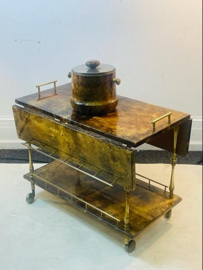 Aldo Tura MID CENTURY GOATSKIN BAR CART AND ICE BUCKET BY ALDO TURA