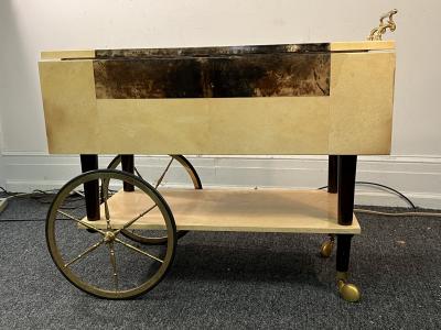 Aldo Tura MID CENTURY TWO TONE LACQUERED GOATSKIN AND GILT BRASS BAR CART BY ALDO TURA