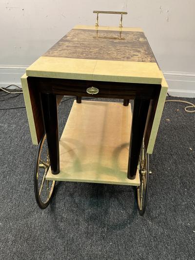 Aldo Tura MID CENTURY TWO TONE LACQUERED GOATSKIN AND GILT BRASS BAR CART BY ALDO TURA