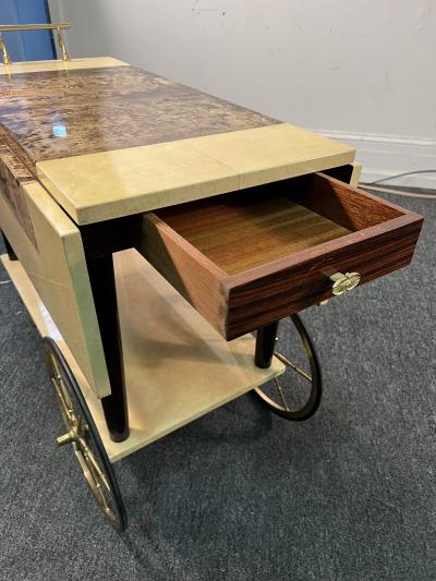 Aldo Tura MID CENTURY TWO TONE LACQUERED GOATSKIN AND GILT BRASS BAR CART BY ALDO TURA