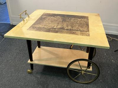 Aldo Tura MID CENTURY TWO TONE LACQUERED GOATSKIN AND GILT BRASS BAR CART BY ALDO TURA