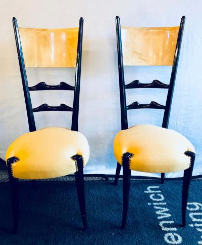 Aldo Tura Set of Six Italian Aldo Tura Side Dining Chairs in Goatskin and Parchment