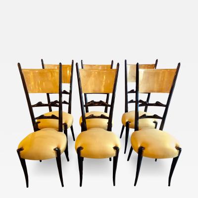 Aldo Tura Set of Six Italian Aldo Tura Side Dining Chairs in Goatskin and Parchment