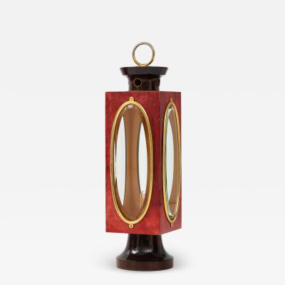 Aldo Tura Signed Red Velum and Lacquered Wood Table Lantern Lamp Aldo Tura Italy 1970s