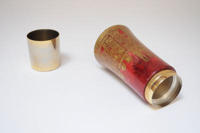 Aldo Tura Vintage Italian Dyed Red Goatskin and Brass Cocktail Shaker by Aldo Tura