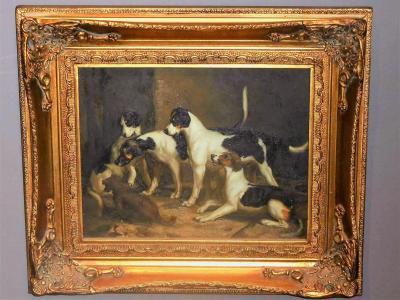 Alert Hounds Oil Painting on PIne Panel School of British Sporting Art