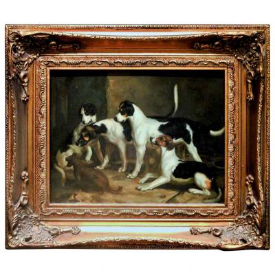 Alert Hounds Oil Painting on PIne Panel School of British Sporting Art