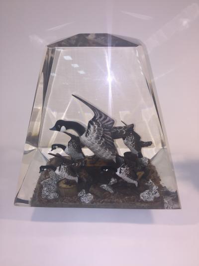 Alessandro Albrizzi Modern Trio of High End Solid Lucite Obelisks With Diorama of Wildlife Scenes