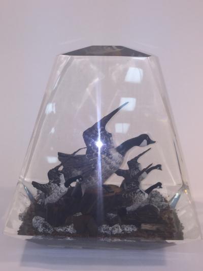 Alessandro Albrizzi Modern Trio of High End Solid Lucite Obelisks With Diorama of Wildlife Scenes