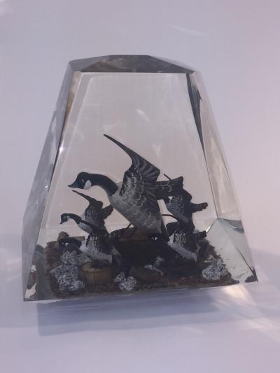 Alessandro Albrizzi Modern Trio of High End Solid Lucite Obelisks With Diorama of Wildlife Scenes