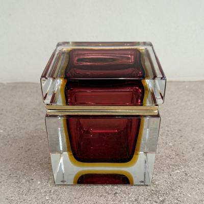 Alessandro Mandruzzato Hand Blown Murano Glass Box in Ruby Amber with 24Karat Gold Trim