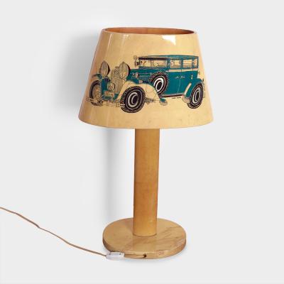 Alessandro Mendini RARE TURA LAMP in parchment with two classic car drawings signed Sandro Mendini