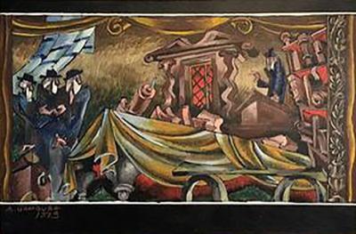 Alex Gamburg Signed Surrealist Painting of a Religious Jewish Scene with Rabbis and Torah