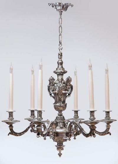 Alexandre Charles Jaume LOUIS XIV STYLE SILVER PLATED BRONZE SIX LIGHT CHANDELIER AFTER A DESIGN